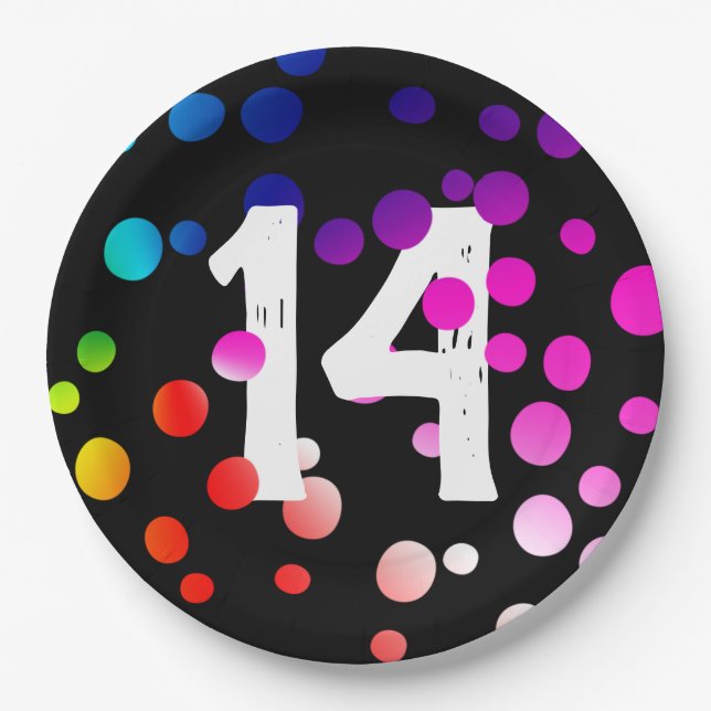 14th Birthday Rainbow Dots on Black  Paper Plate (Front)