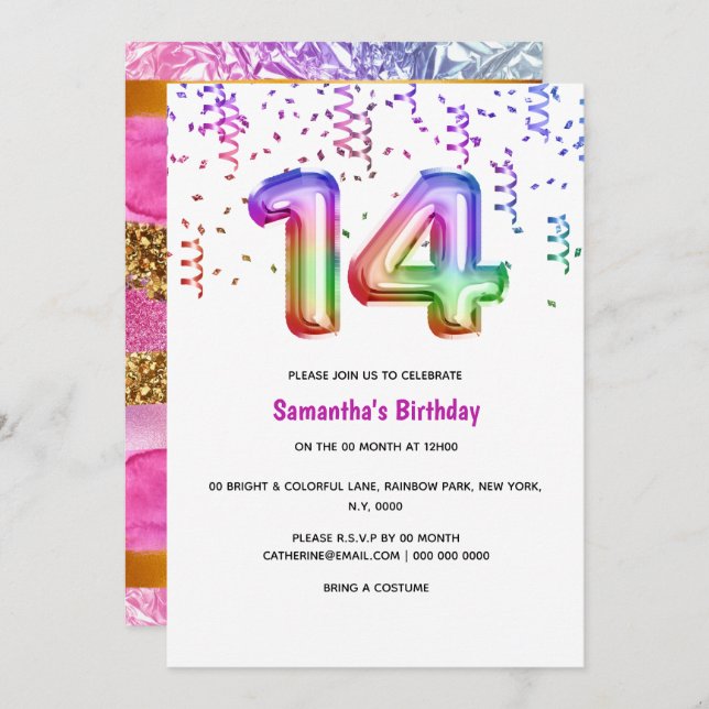 14th birthday rainbow glitter colourful party girl invitation (Front/Back)