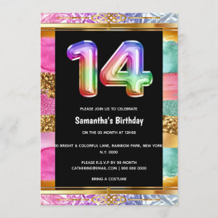 14th birthday rainbow glitter colourful party invitation