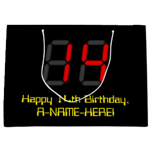 14th Birthday: Red Digital Clock Style "14" + Name Large Gift Bag