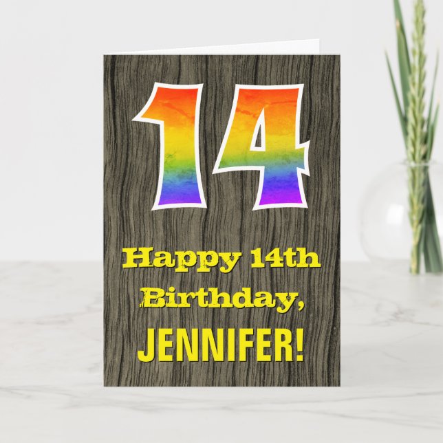 14th Birthday: Rustic Faux Wood Look, Rainbow "14" Card (Front)