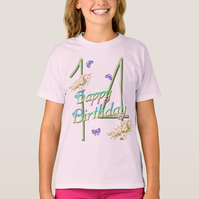 14th Birthday Shirt with Rainbows and Butterflies (Front)