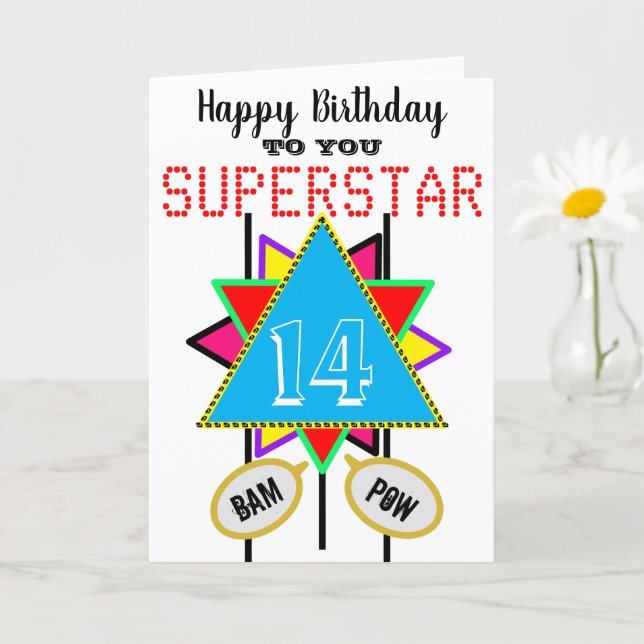 14th Birthday Superstar Blue ANY AGE Card (Small Plant)