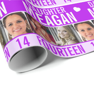 14th birthday three photos purple daughter wrapping paper