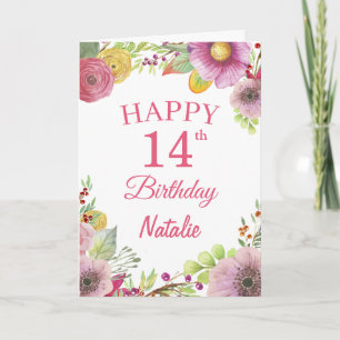 14th Birthday Watercolor Floral Flowers Pink Card