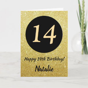 14th Happy Birthday Black and Gold Glitter Card