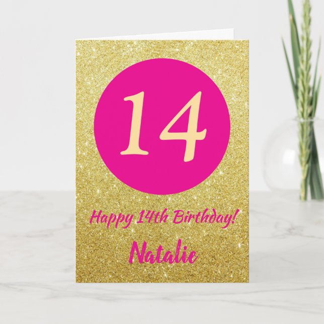 14th Happy Birthday Hot Pink and Gold Glitter Card (Front)