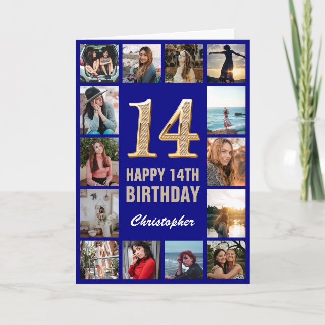 14th Happy Birthday Navy Blue & Gold Photo Collage Card (Front)