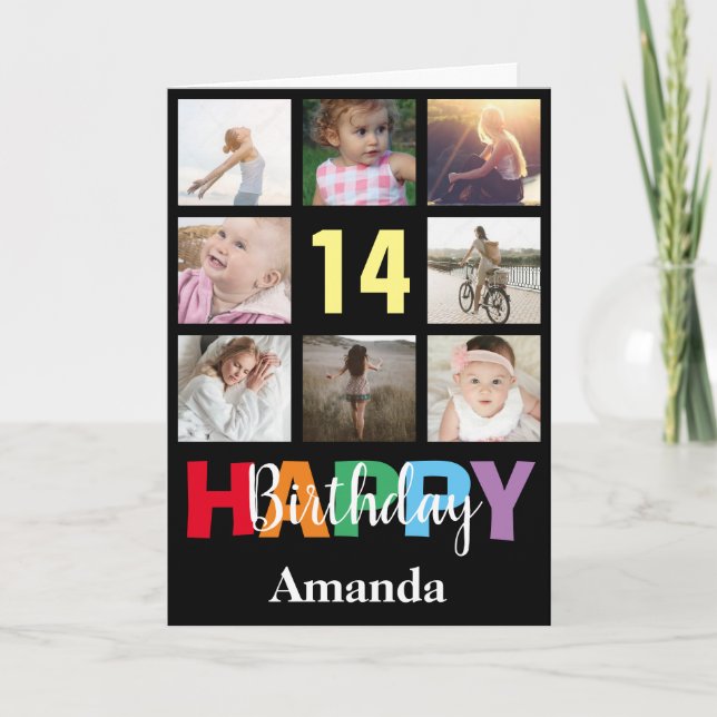 14th Happy Birthday Photo Collage Modern Black Card (Front)