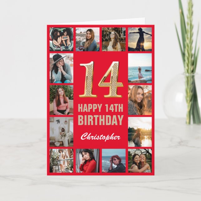 14th Happy Birthday Red and Gold Photo Collage Card (Front)