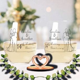 14th Ivory Wedding Anniversary Line Art Couple Stemless Wine Glass