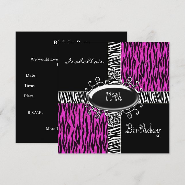 14th Teen Birthday Wild Pink Animal Black Invitation (Front/Back)