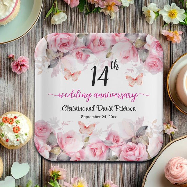 14th Wedding Anniversary Blush Roses Paper Plate (Creator Uploaded)