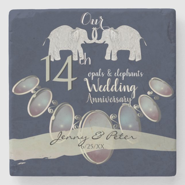 14th Wedding Anniversary Opals and Elephants Navy Stone Coaster (Front)