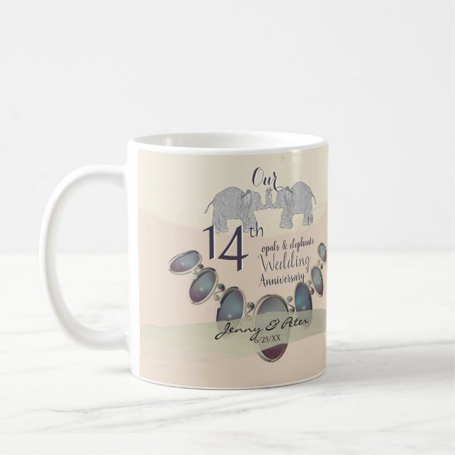 14th Wedding Anniversary Opals & Elephants Coffee Mug (Left)