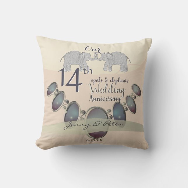 14th Wedding Anniversary Opals & Elephants Ivory Cushion (Front)