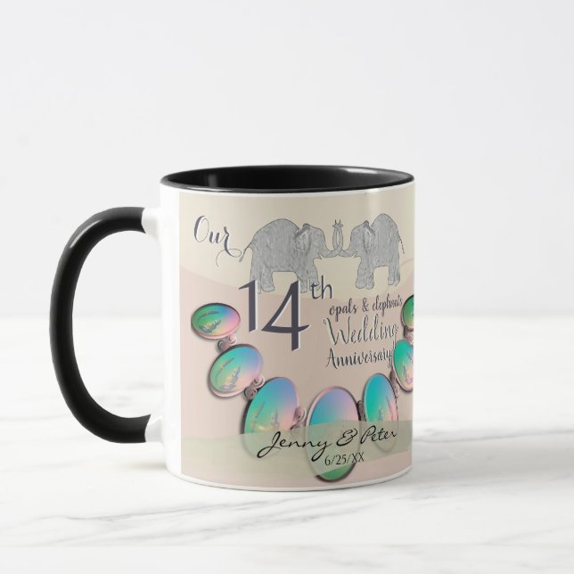 14th Wedding Anniversary Opals & Elephants  Mug (Left)