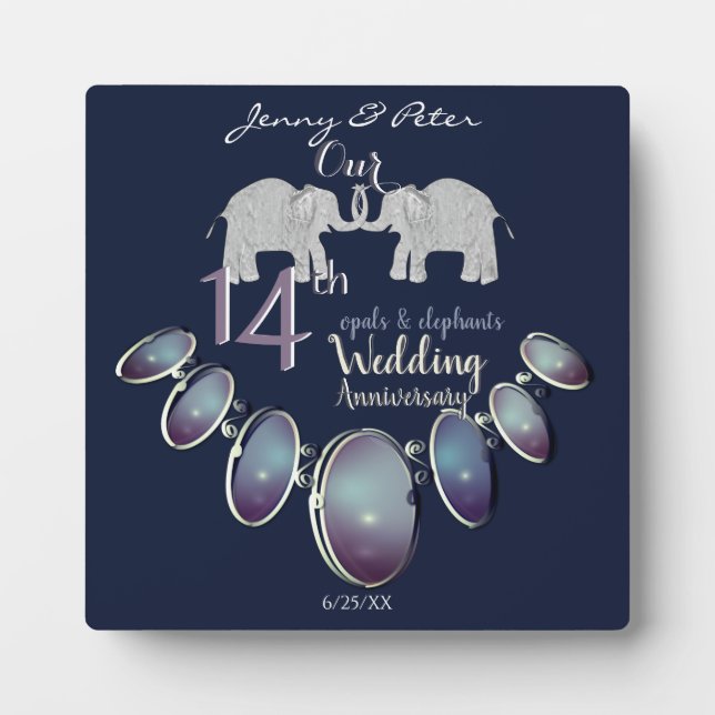 14th Wedding Anniversary Opals & Elephants Navy Plaque (Front)