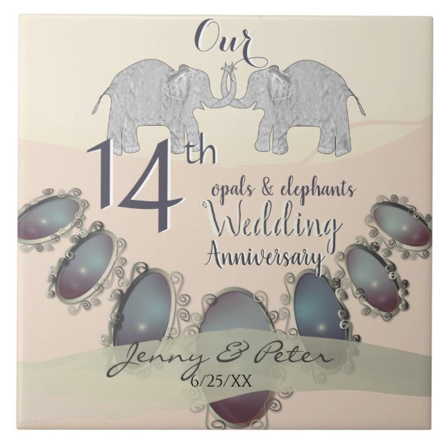 14th Wedding Anniversary Opals & Elephants Tile (Front)