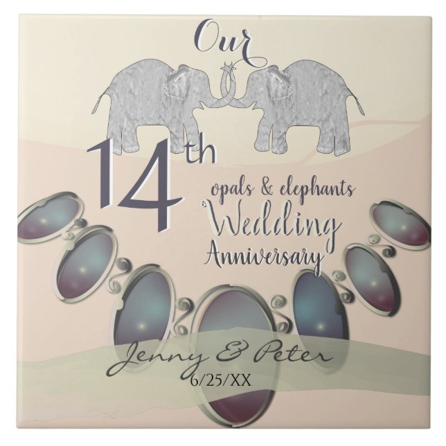 14th Wedding Anniversary Opals & Elephants Tile (Front)