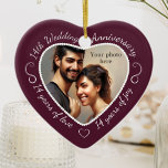 14th Wedding Anniversary Photo Ceramic Tree Decoration<br><div class="desc">Celebrate a 14th happy year of marriage with a custom photo ornament in a delightful heart shape frame. Simply upload your own photo of the married couple and it will appear in the cutout. The eggplant (aubergine) colour surround features a white script font and decorations. The words are: 14th Wedding...</div>