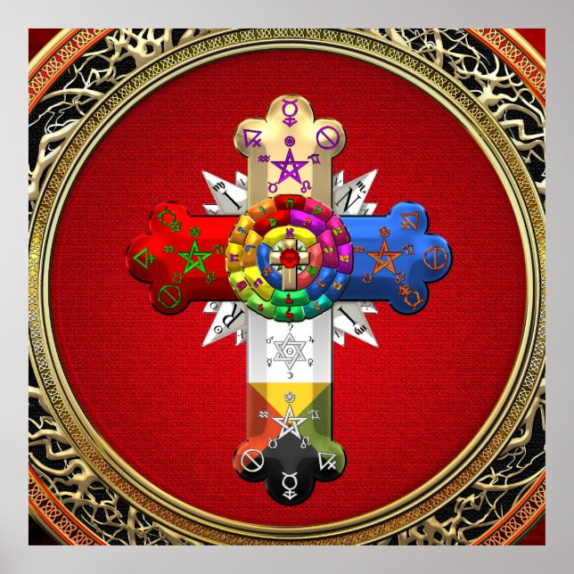 [150] Rosy Cross (Rose Croix) on Red & Gold Poster (Front)