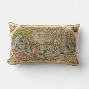 1565 Forlani Antique World Map Vintage Cartography Lumbar Cushion