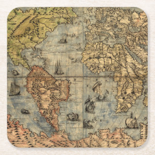 1565 Forlani Antique World Map Vintage Cartography Square Paper Coaster