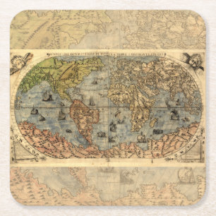 1565 Forlani Antique World Map Vintage Cartography Square Paper Coaster