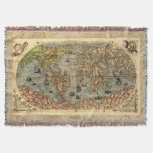 1565 Forlani Antique World Map Vintage Cartography Throw Blanket