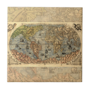 1565 Forlani Antique World Map Vintage Cartography Tile