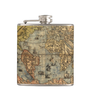 1565 Forlani AntiquevWorld Map Renaissance  Hip Flask