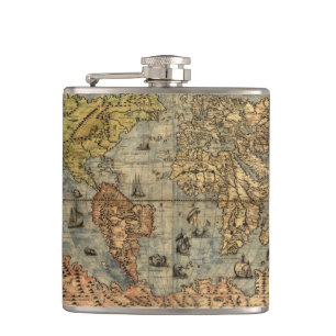 1565 Forlani AntiquevWorld Map Renaissance  Hip Flask
