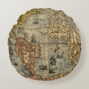 1565 Forlani AntiquevWorld Map Renaissance  Round Cushion