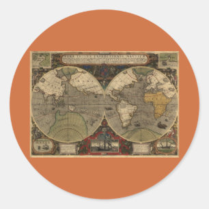 1595 Vintage World Map by Jodocus Hondius Classic Round Sticker