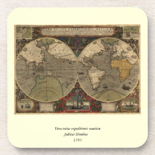 1595 Vintage World Map by Jodocus Hondius Coaster