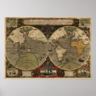 1595 Vintage World Map by Jodocus Hondius Poster