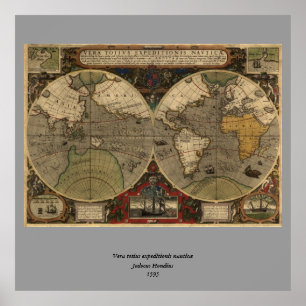 1595 Vintage World Map by Jodocus Hondius Poster