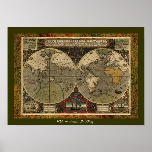 "1595 World Map of Hondius" Historic Map Poster (Front)