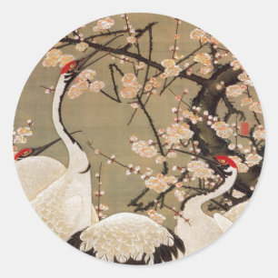 15. 梅花群鶴図, 若冲 Plum Blossoms & Cranes, Jakuchū Classic Round Sticker