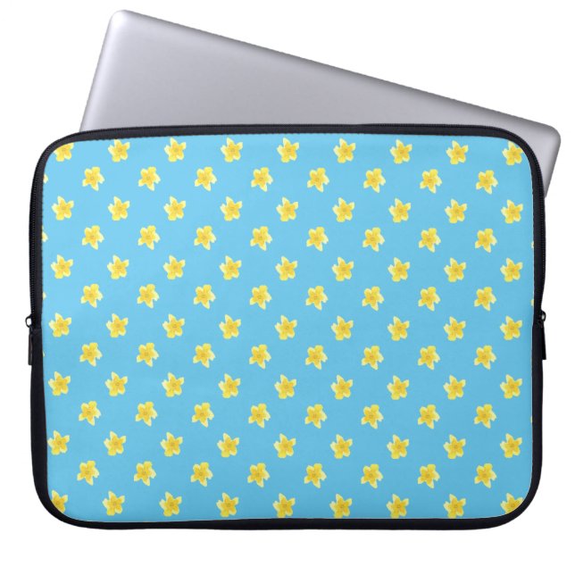 15-inch Laptop Sleeve: Primroses on Turquoise Blue Laptop Sleeve (Front)