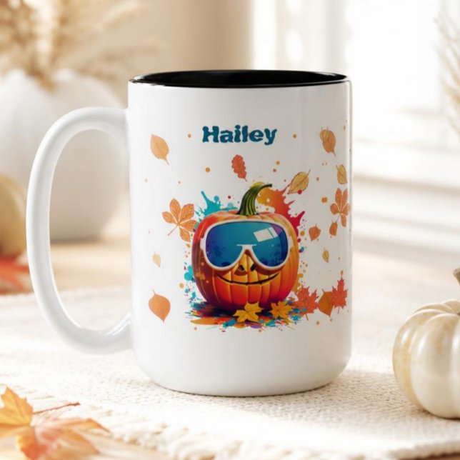 15 oz Fall Coffee Mug, Cool pumpkin with goggles Two-Tone Coffee Mug (Creator Uploaded)
