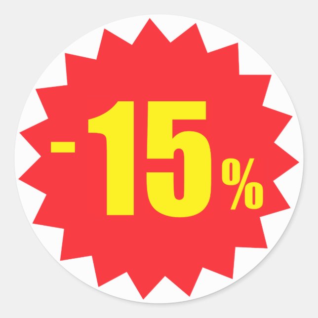 15 percent sale discount stickers, white and red classic round sticker (Front)