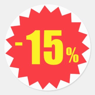 15 percent sale discount stickers, white and red classic round sticker