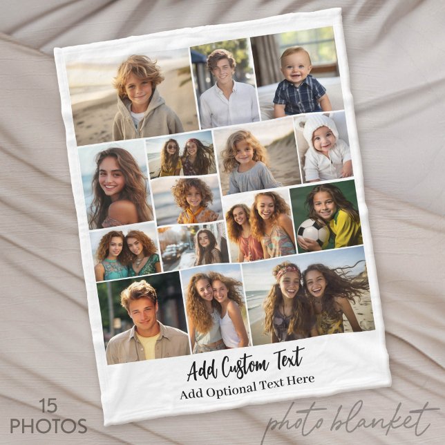 15 Photo Collage - Custom Text - Black and White Fleece Blanket (Custom Photo Blankets)