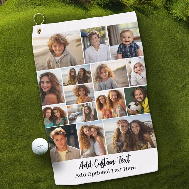 15 Photo Collage - Custom Text - Black and White Golf Towel (Custom Golf Towel with Photo Collage)