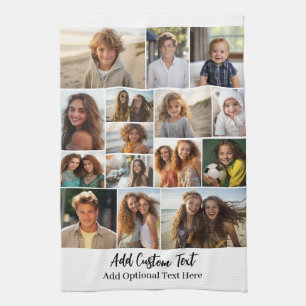 15 Photo Collage - Custom Text - Black and White Tea Towel