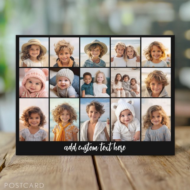 15 Photo Collage Grid - Script Text - black white Postcard (Custom Photo Postcard)