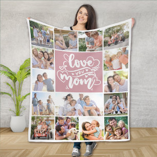 15 Photo Collage Love You Mum Pink Fleece Blanket