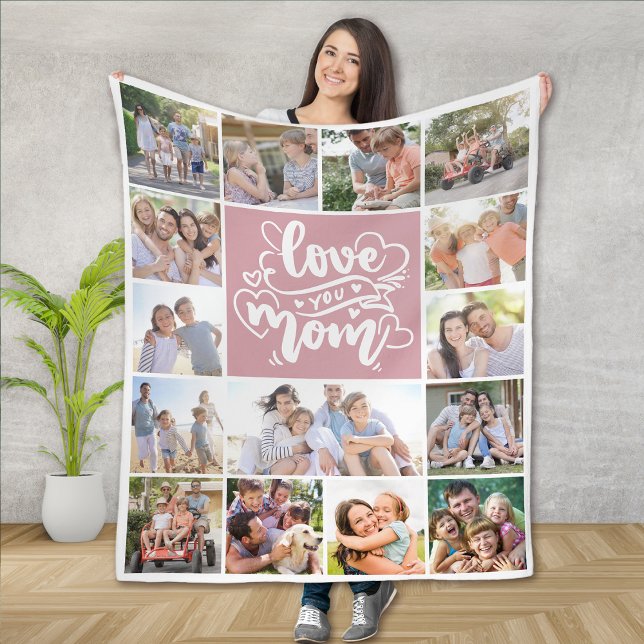 15 Photo Collage Love You Mum Pink Fleece Blanket (Creator Uploaded)